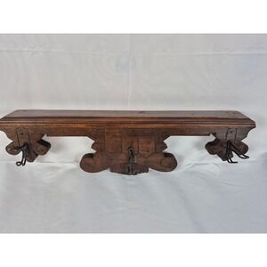 Vintage Edwardian Revival Wood Wall Shelf Coat Rack Gothic Iron Hooks 25"
